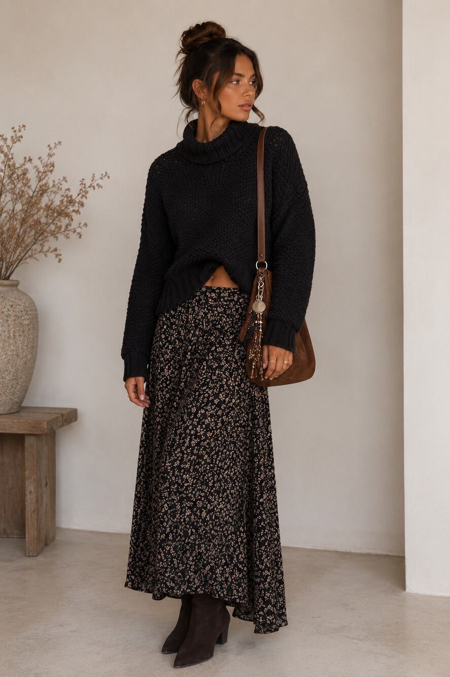 Free People Black Chunky Knit Turtleneck Sweater Womens XS Pullover Boho Fall